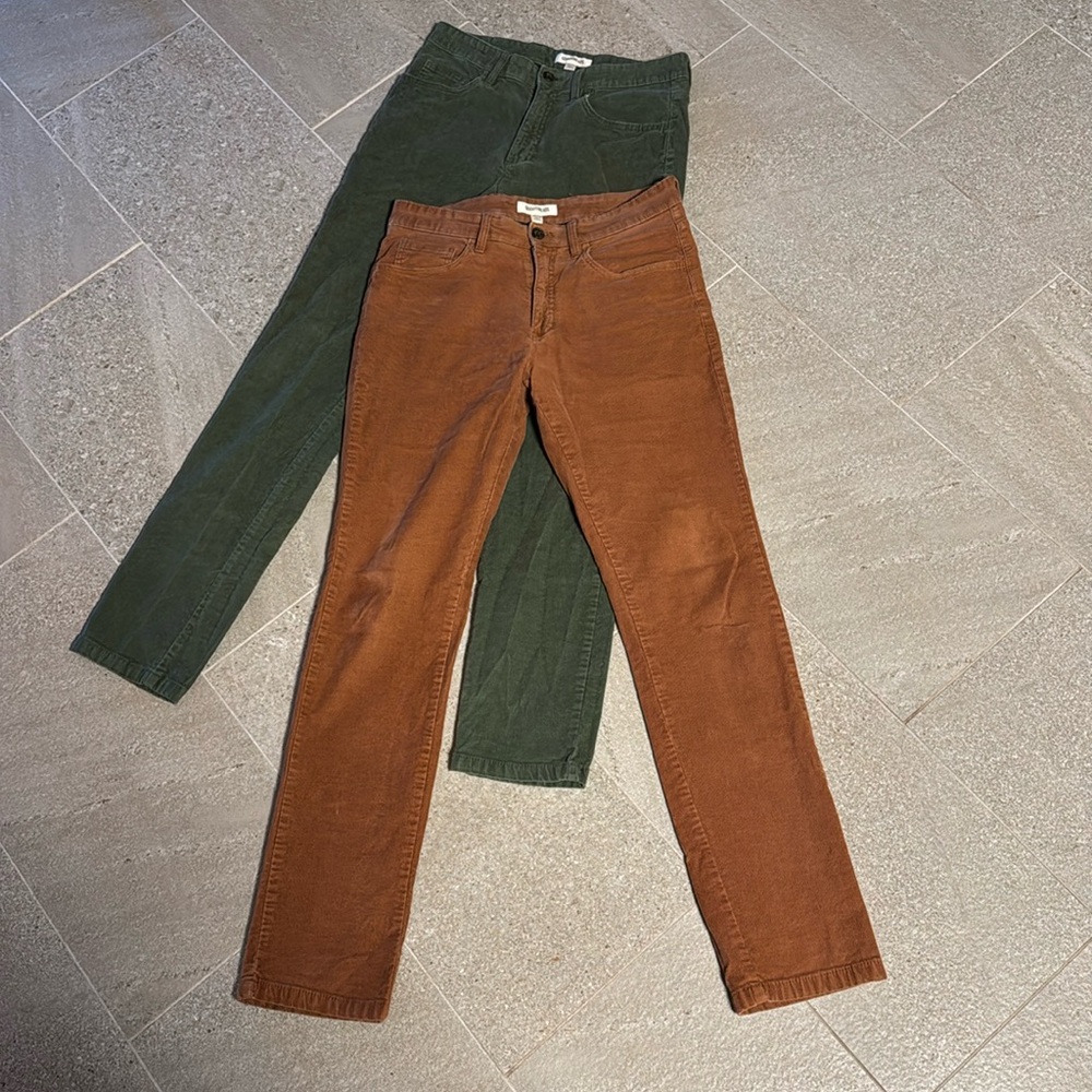 Goodthreads Slim Cut Stretch Vorduroy Pants. 2 pair. One green. One brown. 32x34